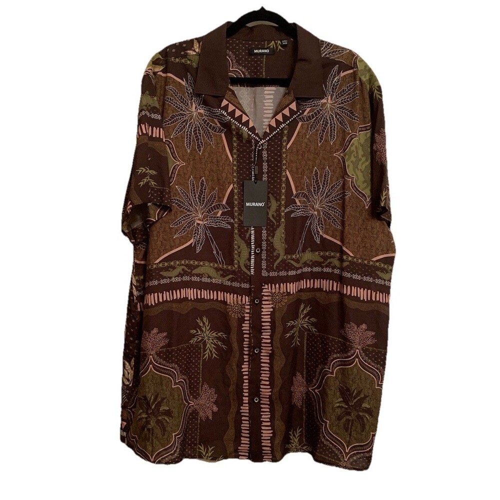 Murano Shirt Mens 2XB Brown Hawaiian Alligator Short Sleeve Tropical Print New